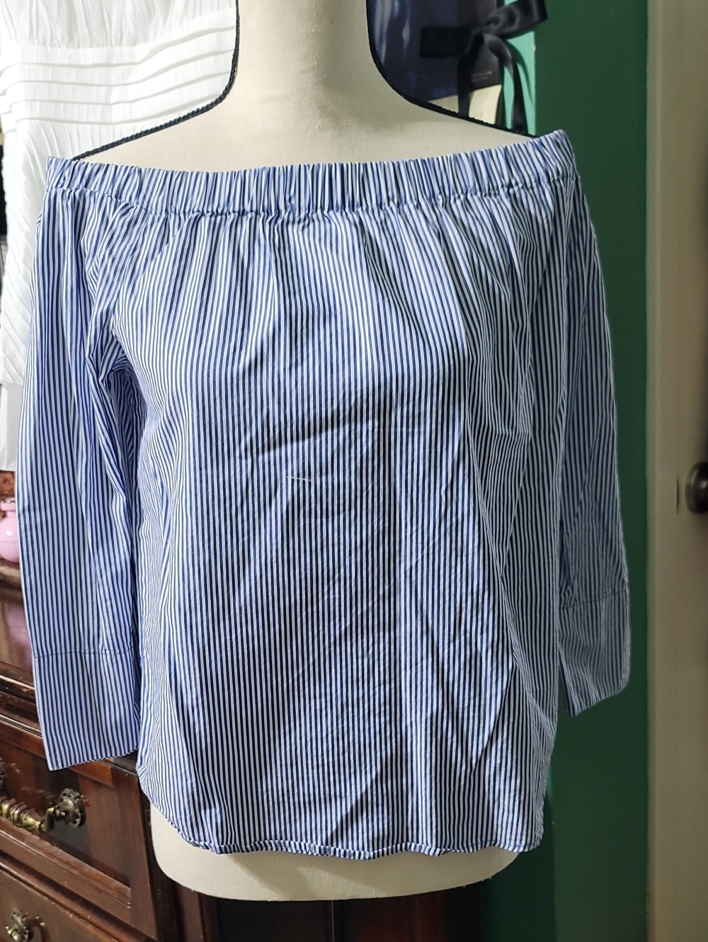 Blue and White Striped Off-Shoulder Women's Top Size XS